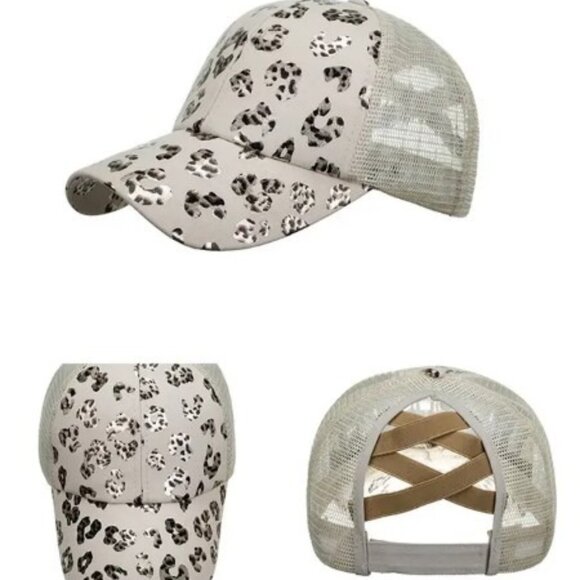 🦋NEW!🦋 Cream & Leopard Ponytail Baseball Cap/Hat - Picture 2 of 2